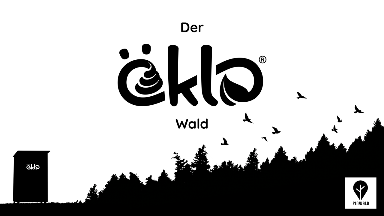 Eine Grafik, auf der der Schriftzug "Der öKlo Wald" zu sehen ist. Die ganze Grafik ist nur in schwarz und weiß, mit einem Wald, der nach rechts hin größer wird. In der unteren linken Ecke ist ein öKlo Klassik in schwarz, in der unteren rechten Ecke im Wald ist das Logo der Organisation Pinwald in weiß zu sehen.