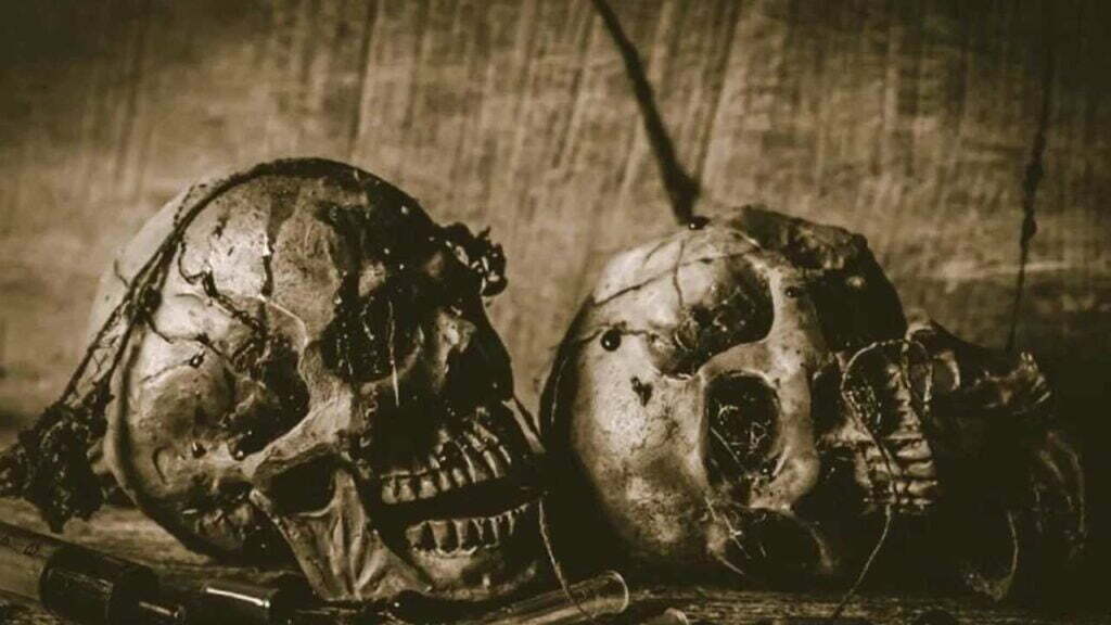 Zwei Totenschädel nebeneinander, überdeckt von Staub und toten Pflanzen.
