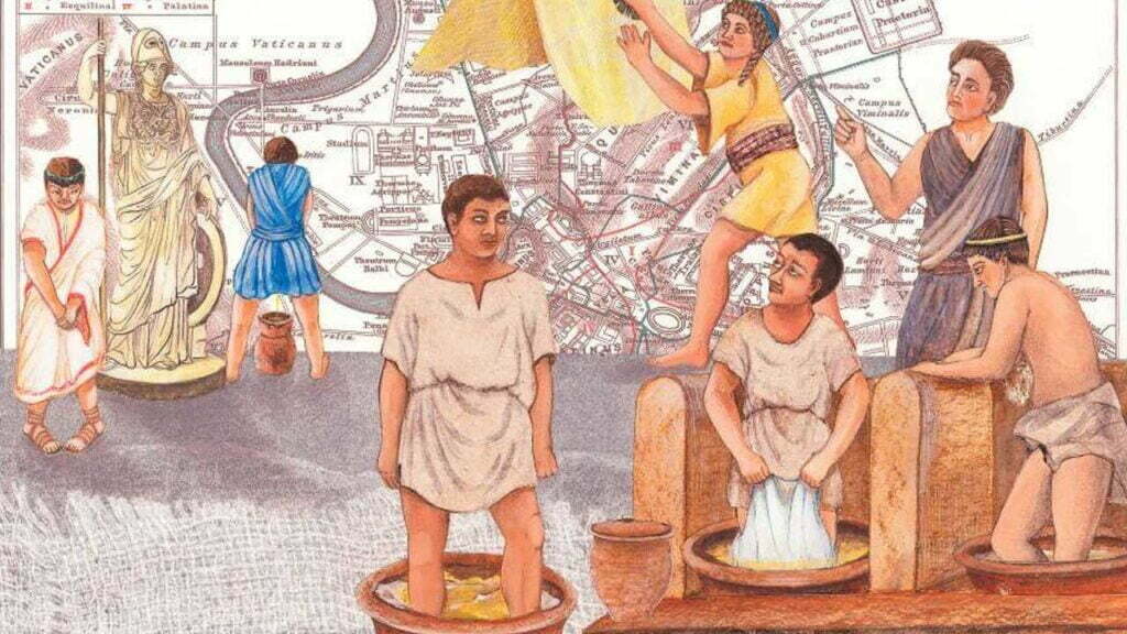 Ein Gemälde von alten Römern. Im Vordergrund sind fünf davon als Urinwäscher tätig, im Hintergrund sieht man einen der Römer in eine Vase urinieren.