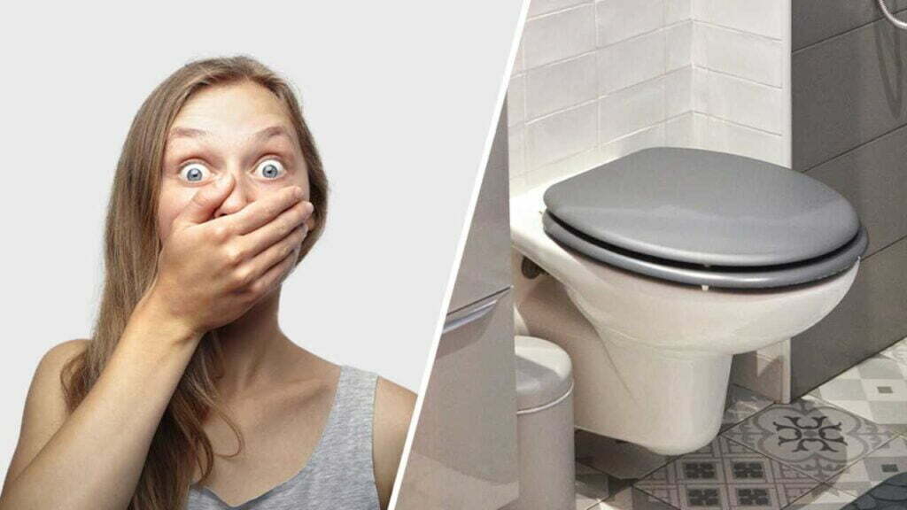 Ein gespaltenes Bild. Auf der linken Seite ist eine Frau zu sehen, die sich die Hand vor den Mund hält und die Augen weit aufgerissen hat. Auf der rechten Seite ist eine Toilette mit zugeklapptem Deckel.