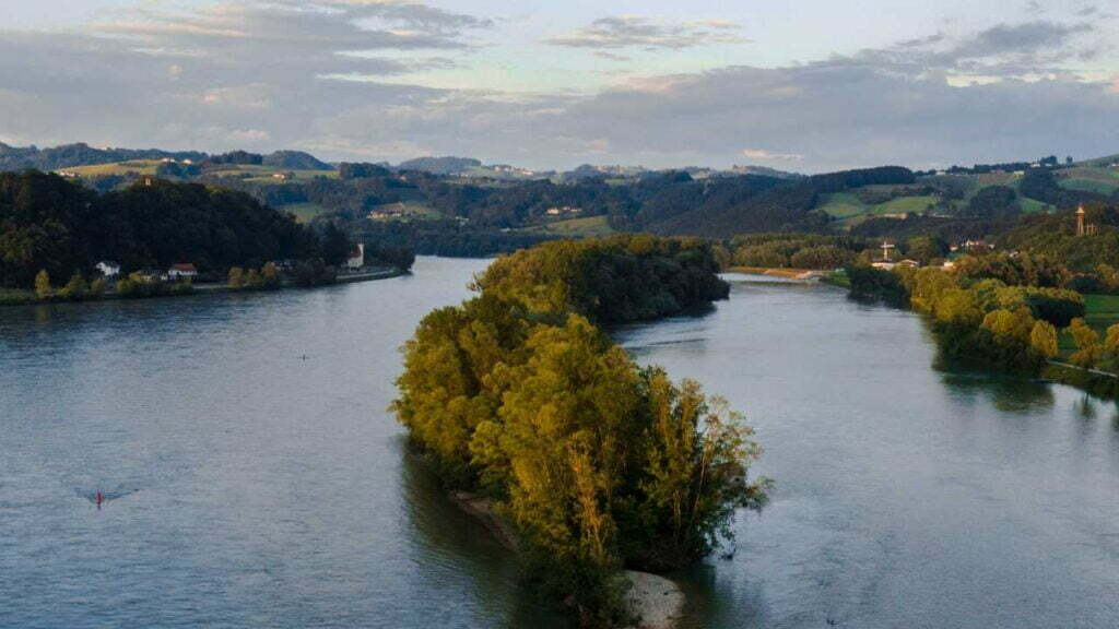 Die Donau, mit einem Grünstreifen auf einer kleinen Insel in der Mitte. Auf der linken Seite fährt ein kleines Boot entlang.