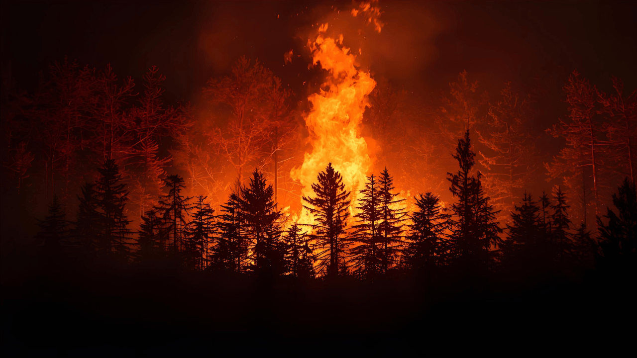 Waldbrand in der Nacht – hohe Flammen lodern zwischen den Bäumen.