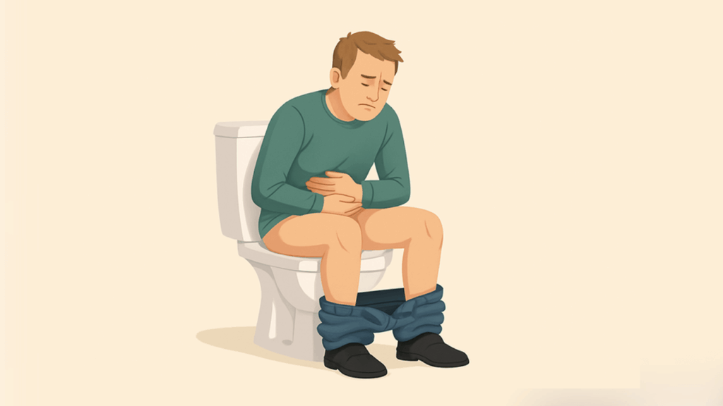 Mann sitzt mit Bauchschmerzen auf der Toilette – Symbol für Verdauungsprobleme und ungesunden Stuhlgang.